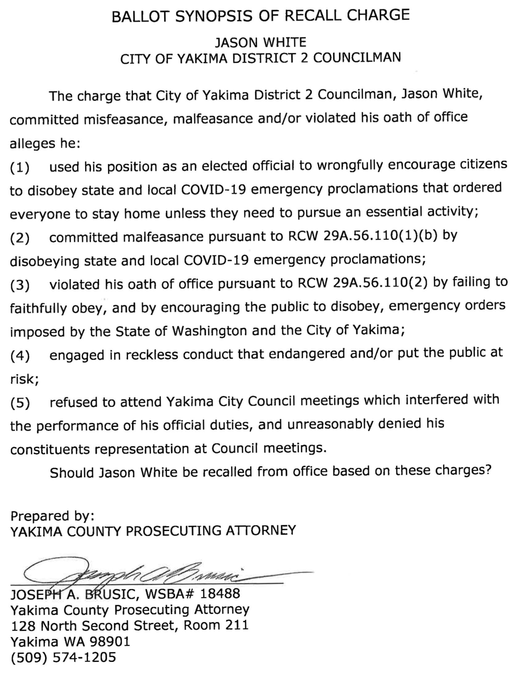 Legal document of the accusations brought against Jason White during the recall trial.