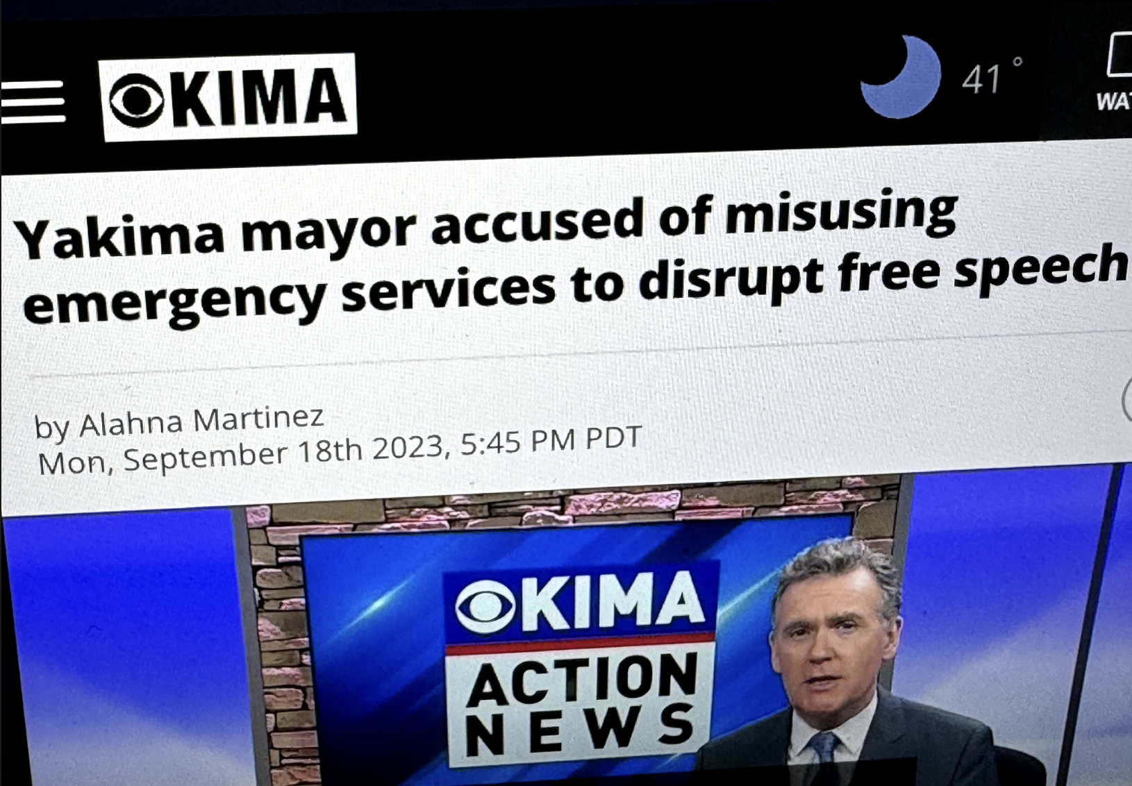 Headline from KIMA Action News on Mayor Deccio's 911 call.